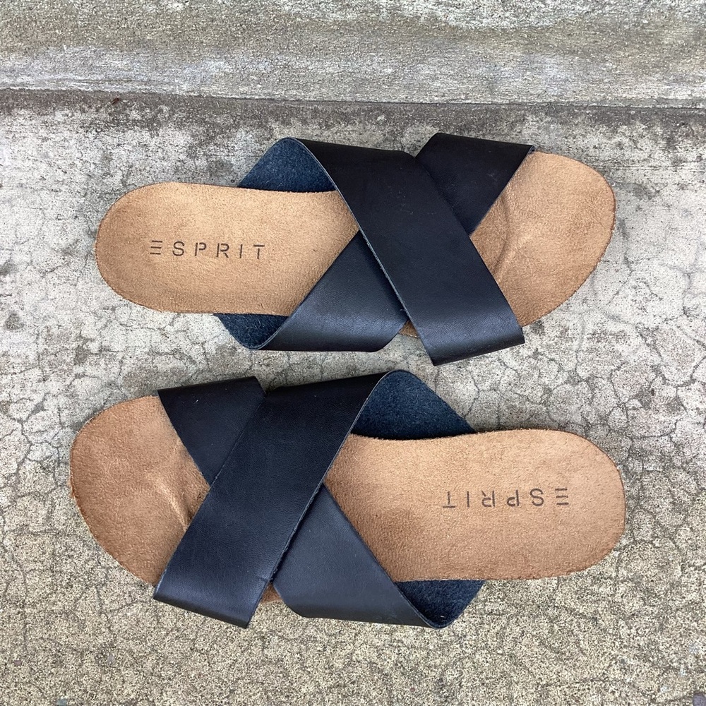 Esprit‎ “Bounty” Cork Footbed Sandals Cross‑Strap Black Size 7 NEVER WORN